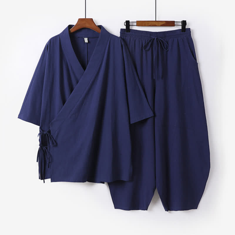 Buddha Stones 2Pcs Spring Summer Minimalist Drawstring Solid Elbow-Length Sleeve Shirt Pants Cotton Men's Meditation Cloth With Pocket - MidnightBlue - US/UK/AU54,EU64 (9XL) - image 7