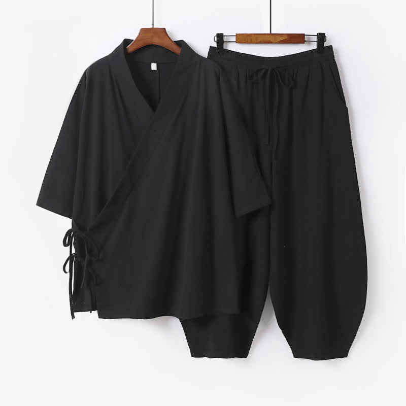 Buddha Stones 2Pcs Spring Summer Minimalist Drawstring Solid Elbow-Length Sleeve Shirt Pants Cotton Men's Meditation Cloth With Pocket - Black - US/UK/AU54,EU64 (9XL) - image 4