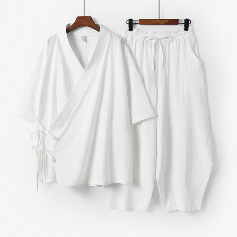 Buddha Stones 2Pcs Spring Summer Minimalist Drawstring Solid Elbow-Length Sleeve Shirt Pants Cotton Men's Meditation Cloth With Pocket - White - US/UK/AU54,EU64 (9XL) - image 16