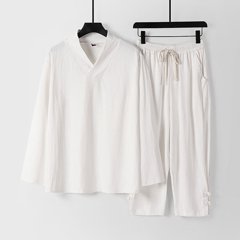 Buddha Stones 2Pcs Spring Fall Casual Drawstring Solid Ramie Long Sleeve Shirt Pants Men's Meditation Cloth With Pockets - White - US/UK/AU54,EU64 (9XL) - image 21