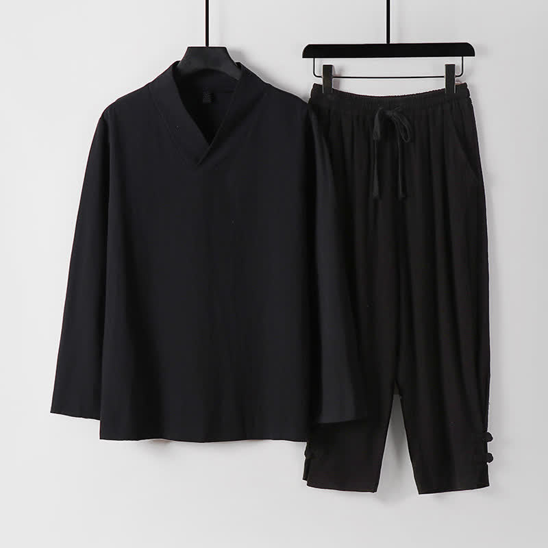 Buddha Stones 2Pcs Spring Fall Casual Drawstring Solid Ramie Long Sleeve Shirt Pants Men's Meditation Cloth With Pockets - Black - US/UK/AU54,EU64 (9XL) - image 11