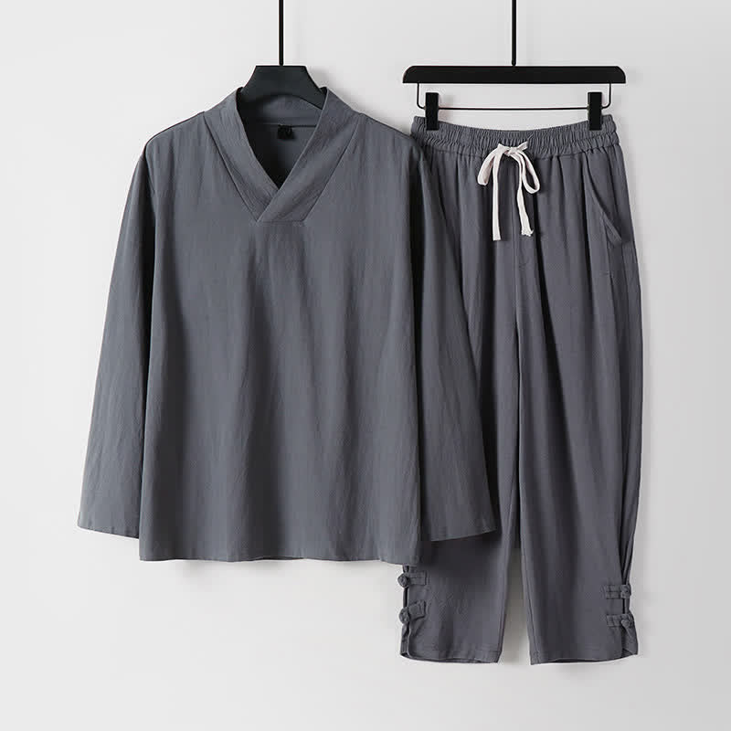 Buddha Stones 2Pcs Spring Fall Casual Drawstring Solid Ramie Long Sleeve Shirt Pants Men's Meditation Cloth With Pockets - SlateGray - US/UK/AU54,EU64 (9XL) - image 2