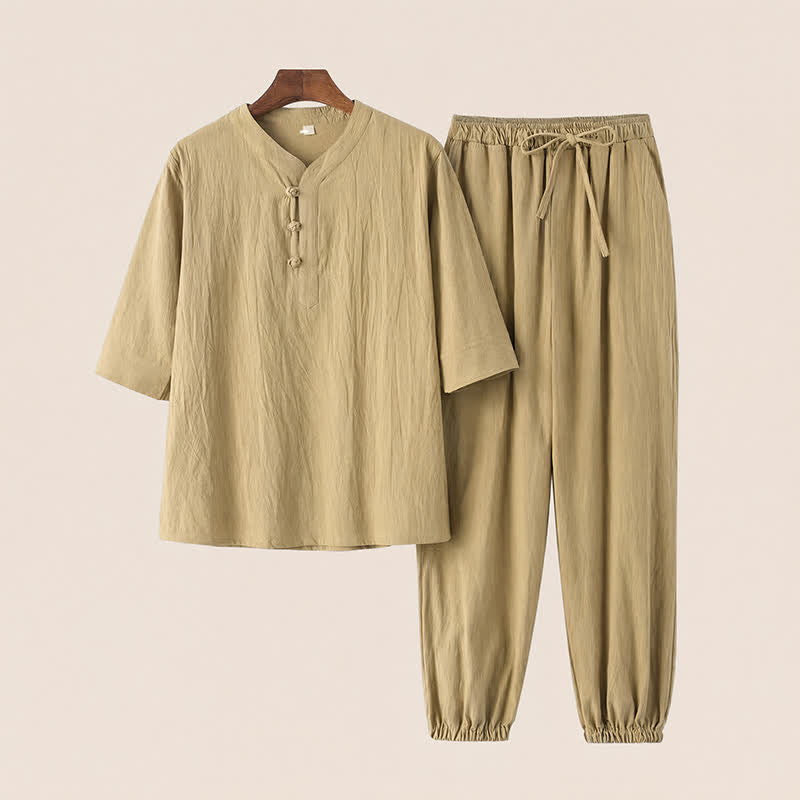 Buddha Stones 2Pcs Spring Summer Tang Style Mandarin Collar Elbow-Length Sleeve Solid Shirt Pants Cotton Men's Meditation Cloth With Pockets - PaleGoldenrod - US/UK/AU44,EU54 (4XL) - image 18
