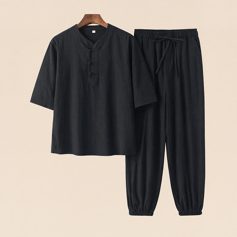 Buddha Stones 2Pcs Spring Summer Tang Style Mandarin Collar Elbow-Length Sleeve Solid Shirt Pants Cotton Men's Meditation Cloth With Pockets - Black - US/UK/AU44,EU54 (4XL) - image 15