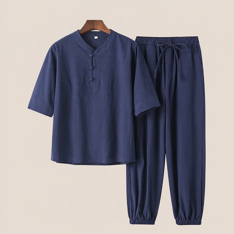 Buddha Stones 2Pcs Spring Summer Tang Style Mandarin Collar Elbow-Length Sleeve Solid Shirt Pants Cotton Men's Meditation Cloth With Pockets - MidnightBlue - US/UK/AU44,EU54 (4XL) - image 16