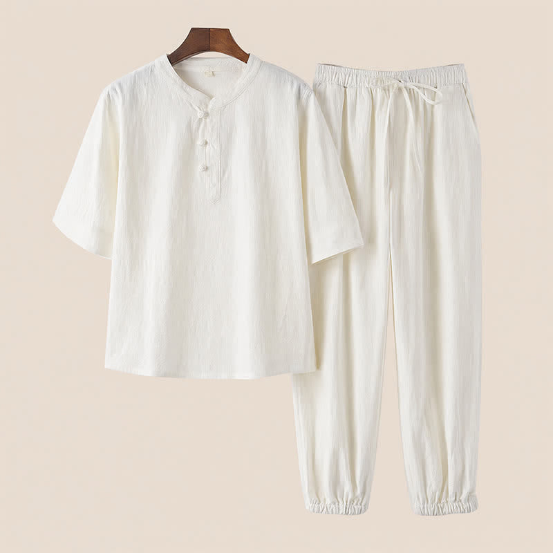 Buddha Stones 2Pcs Spring Summer Tang Style Mandarin Collar Elbow-Length Sleeve Solid Shirt Pants Cotton Men's Meditation Cloth With Pockets - White - US/UK/AU44,EU54 (4XL) - image 20