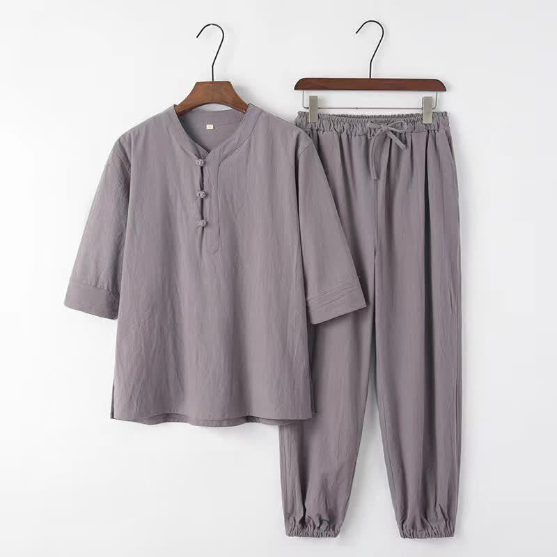 Buddha Stones 2Pcs Spring Summer Tang Style Mandarin Collar Elbow-Length Sleeve Solid Shirt Pants Cotton Men's Meditation Cloth With Pockets - Gray - US/UK/AU44,EU54 (4XL) - image 0