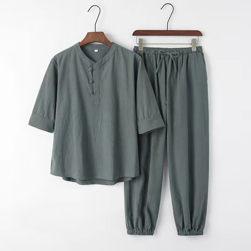 Buddha Stones 2Pcs Spring Summer Tang Style Mandarin Collar Elbow-Length Sleeve Solid Shirt Pants Cotton Men's Meditation Cloth With Pockets - CadetBlue - US/UK/AU44,EU54 (4XL) - image 2