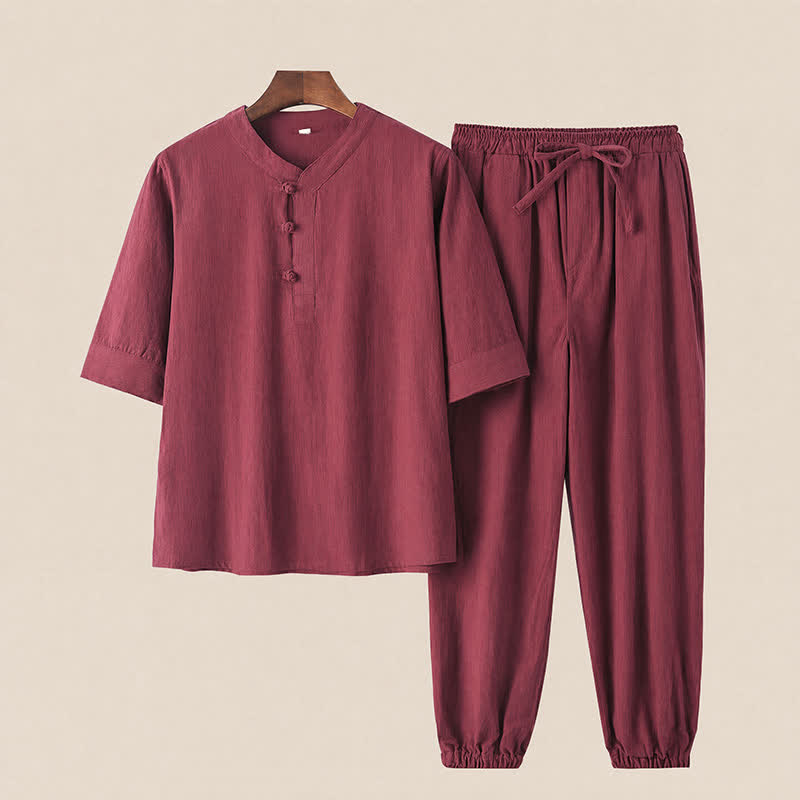 Buddha Stones 2Pcs Spring Summer Tang Style Mandarin Collar Elbow-Length Sleeve Solid Shirt Pants Cotton Men's Meditation Cloth With Pockets - Maroon - US/UK/AU44,EU54 (4XL) - image 17