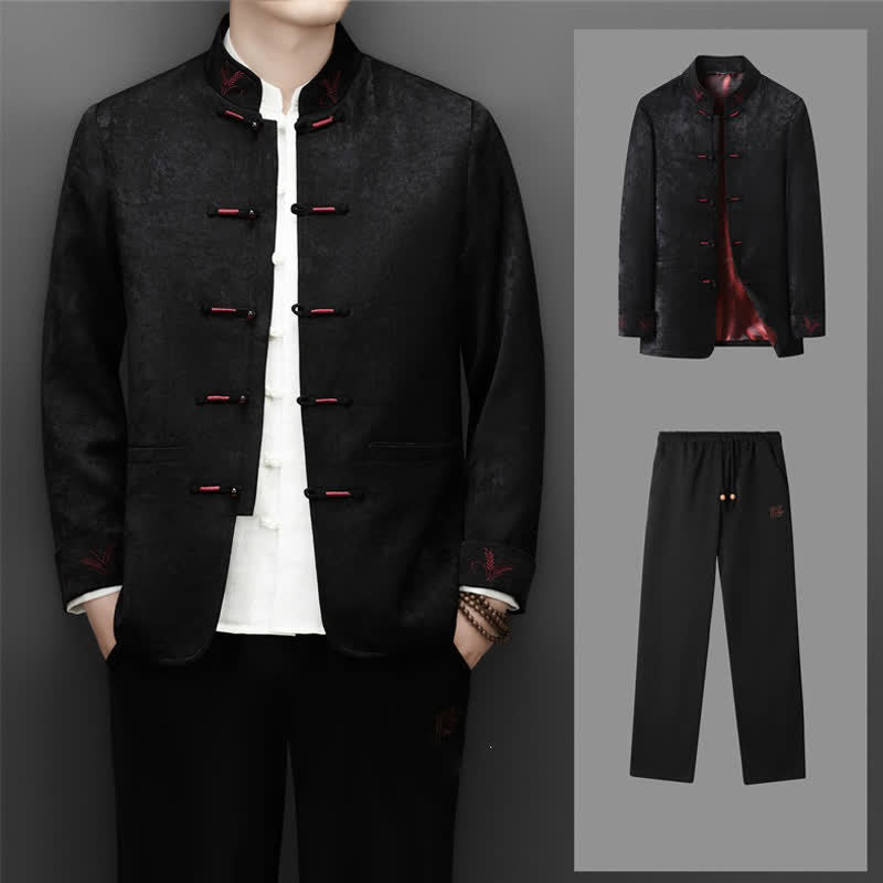 Buddha Stones 2Pcs Fall Winter Tang Style Elegant Frog Button Mandarin Collar Abstract Jacket Pants Men's Meditation Cloth With Pocket - Black - US/UK/AU44,EU54 (4XL) - image 12