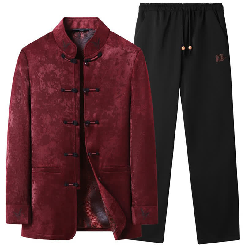 Buddha Stones 2Pcs Fall Winter Tang Style Elegant Frog Button Mandarin Collar Abstract Jacket Pants Men's Meditation Cloth With Pocket - FireBrick - US/UK/AU44,EU54 (4XL) - image 0