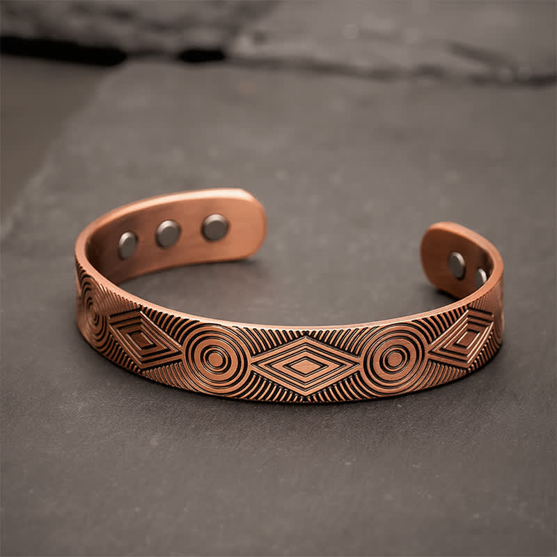 Buddha Stones Red Copper Grounding Geometric Engraved Open Cuff Bracelet - 12mm (Inner Diameter: Approx. 55mm) - image 0