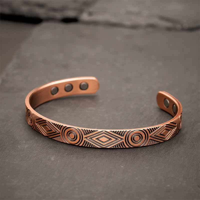 Buddha Stones Red Copper Grounding Geometric Engraved Open Cuff Bracelet - 8mm (Inner Diameter: Approx. 55mm) - image 6