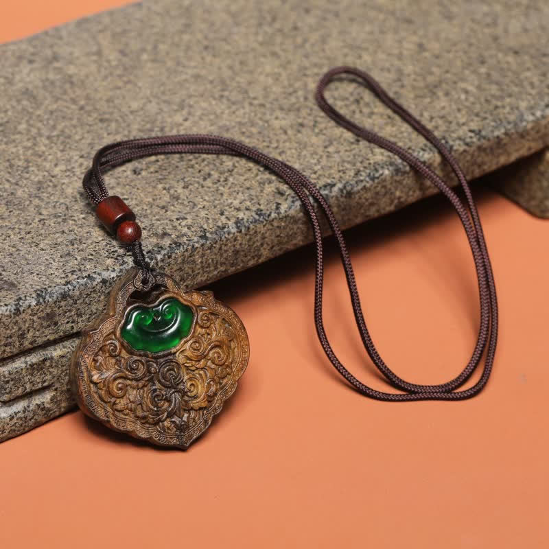Buddha Stones Hand-Carved Sappanwood Green Agate Luck Lock of Good Wishes Necklace - image 1