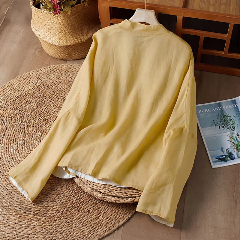 Buddha Stones Spring Fall Tang Style Casual Crew Neck Solid Women's Long Sleeve Shirts With Pocket - image 2