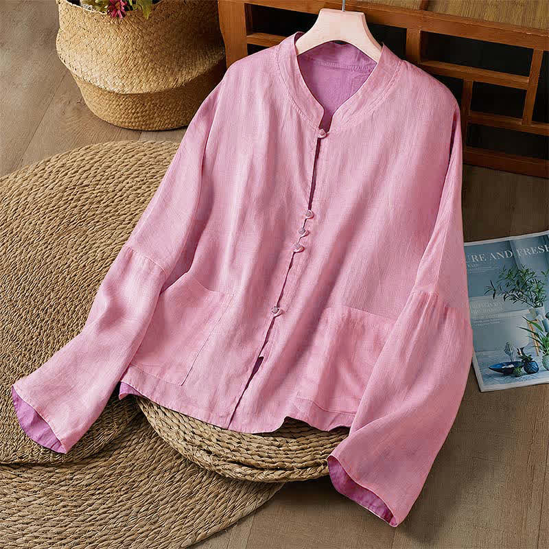 Buddha Stones Spring Fall Tang Style Casual Crew Neck Solid Women's Long Sleeve Shirts With Pocket - PaleVioletRed - US14, UK/AU18, EU46 (2XL) - image 11