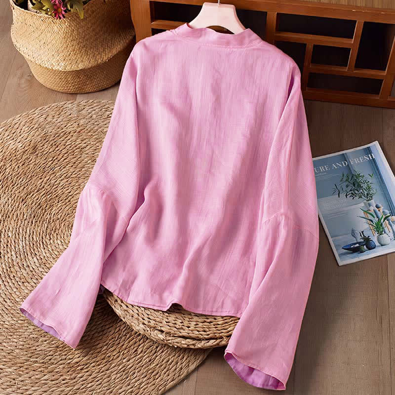 Buddha Stones Spring Fall Tang Style Casual Crew Neck Solid Women's Long Sleeve Shirts With Pocket - image 12