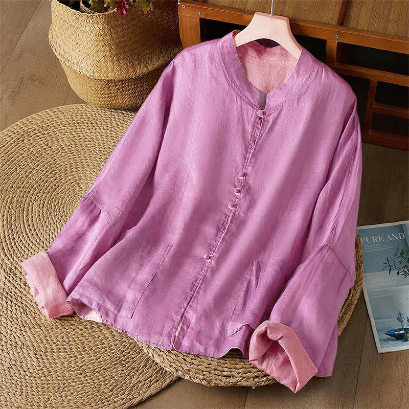 Buddha Stones Spring Fall Tang Style Casual Crew Neck Solid Women's Long Sleeve Shirts With Pocket - image 13