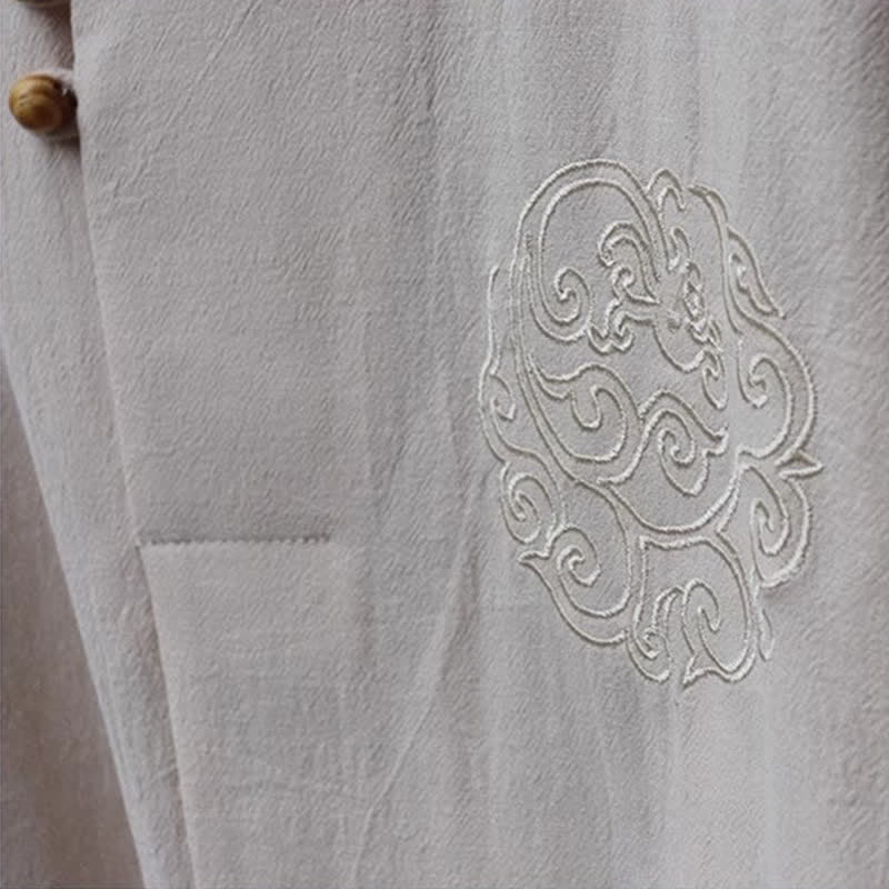 Buddha Stones 2Pcs Spring Summer Tang Style Mandarin Collar Shirt Pants Embroidery Solid Cotton Men's Meditation Cloth - image 9