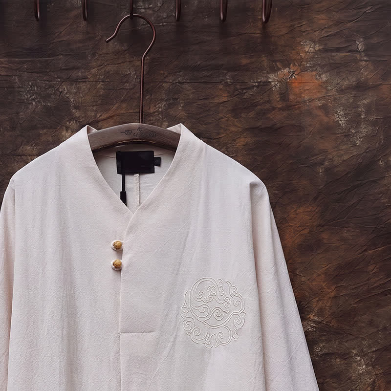 Buddha Stones 2Pcs Spring Summer Tang Style Mandarin Collar Shirt Pants Embroidery Solid Cotton Men's Meditation Cloth - image 7