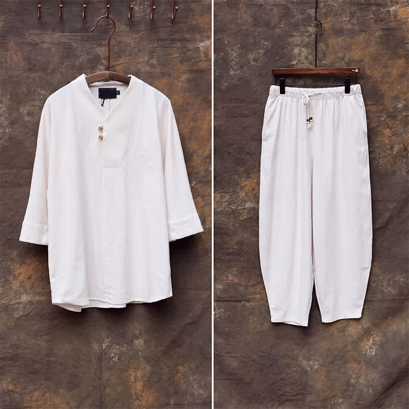 Buddha Stones 2Pcs Spring Summer Tang Style Mandarin Collar Shirt Pants Embroidery Solid Cotton Men's Meditation Cloth - image 5