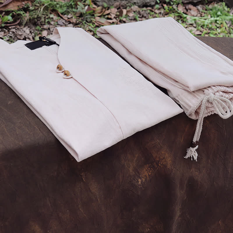 Buddha Stones 2Pcs Spring Summer Tang Style Mandarin Collar Shirt Pants Embroidery Solid Cotton Men's Meditation Cloth - image 4