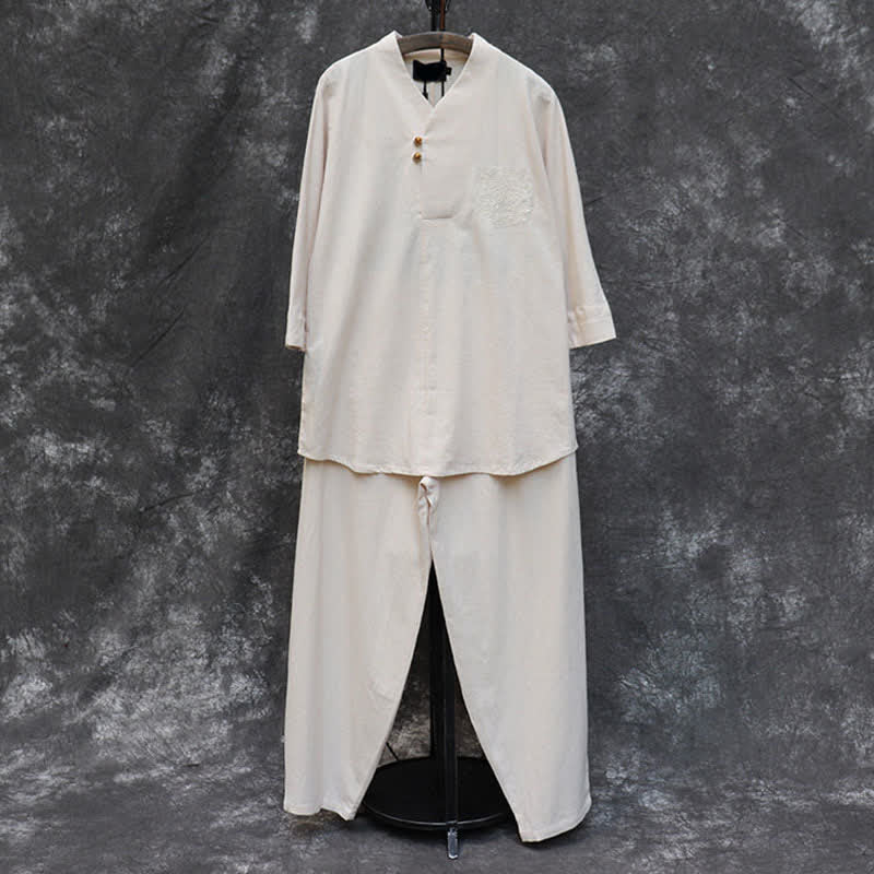 Buddha Stones 2Pcs Spring Summer Tang Style Mandarin Collar Shirt Pants Embroidery Solid Cotton Men's Meditation Cloth - image 3
