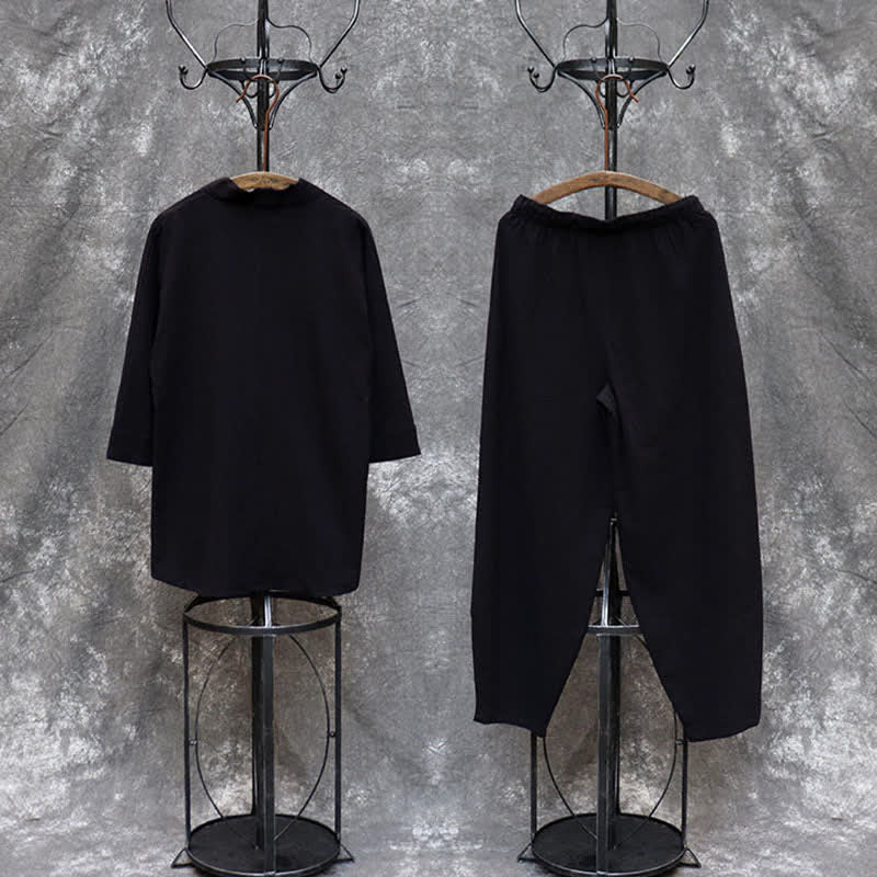 Buddha Stones 2Pcs Spring Summer Tang Style Mandarin Collar Shirt Pants Embroidery Solid Cotton Men's Meditation Cloth - image 25