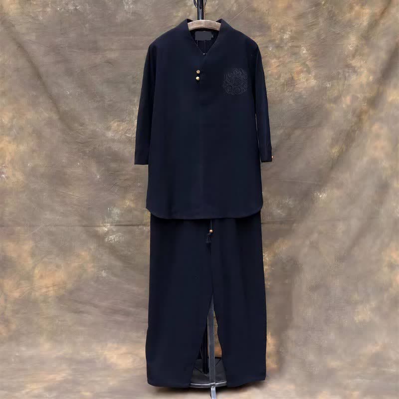 Buddha Stones 2Pcs Spring Summer Tang Style Mandarin Collar Shirt Pants Embroidery Solid Cotton Men's Meditation Cloth - Black - US/UK/AU46,EU56 (5XL) - image 22