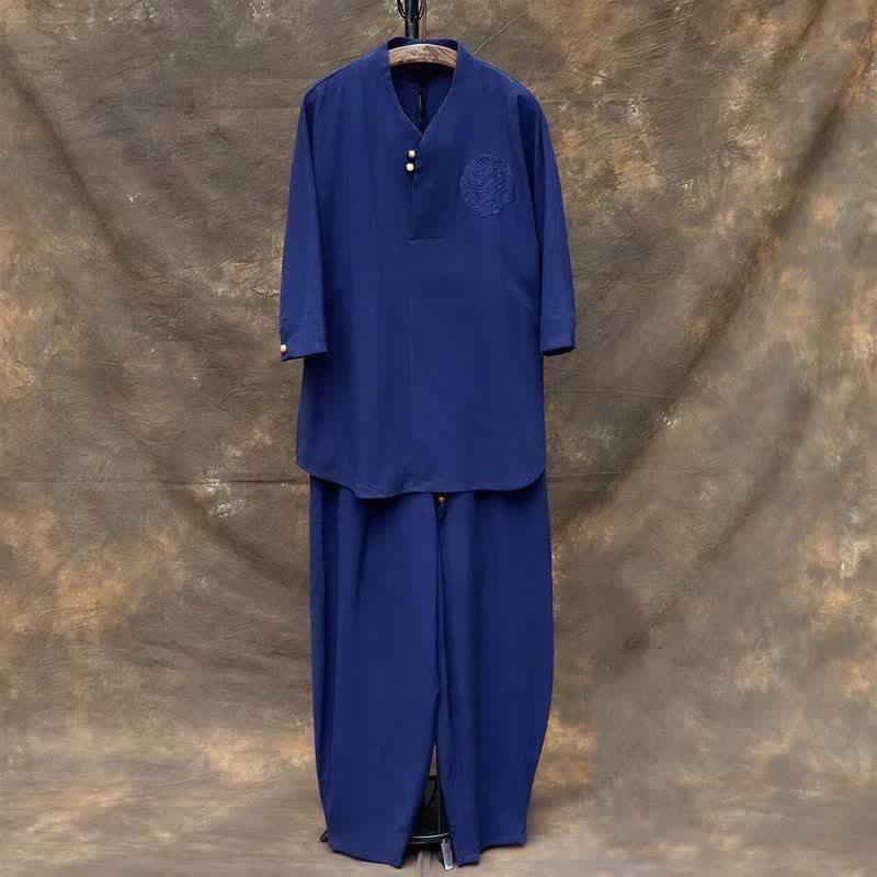 Buddha Stones 2Pcs Spring Summer Tang Style Mandarin Collar Shirt Pants Embroidery Solid Cotton Men's Meditation Cloth - RoyalBlue - US/UK/AU46,EU56 (5XL) - image 18