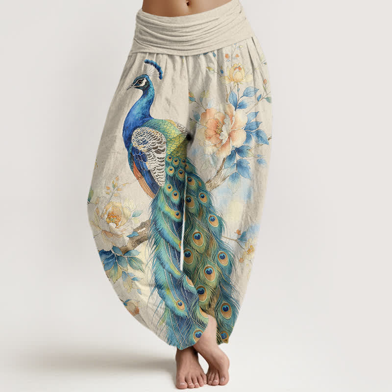 Buddha Stones Cotton Peacock Floral Pattern Women's Elastic Waist Harem Pants - Ivory - US16,UK/AU20,EU48 (3XL) - image 0