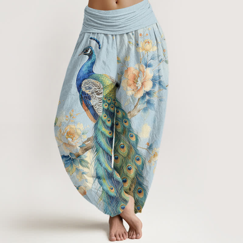 Buddha Stones Cotton Peacock Floral Pattern Women's Elastic Waist Harem Pants - PowderBlue - US16,UK/AU20,EU48 (3XL) - image 5