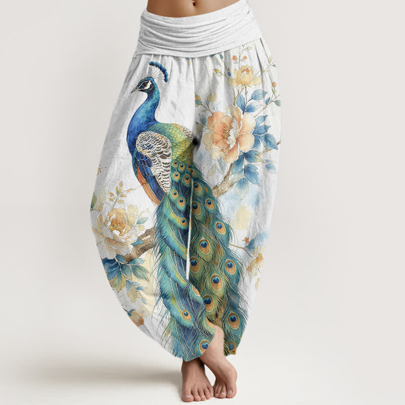 Buddha Stones Cotton Peacock Floral Pattern Women's Elastic Waist Harem Pants - White - US16,UK/AU20,EU48 (3XL) - image 8
