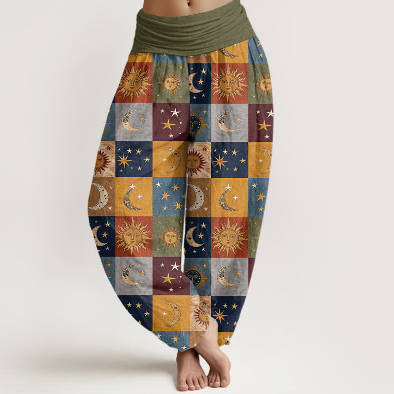 Buddha Stones Cotton Sun Moon Patchwork Pattern Women's Elastic Waist Harem Pants - Olive - US16,UK/AU20,EU48 (3XL) - image 0
