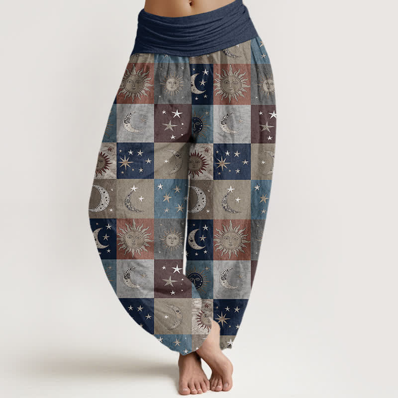 Buddha Stones Cotton Sun Moon Patchwork Pattern Women's Elastic Waist Harem Pants - Navy - US16,UK/AU20,EU48 (3XL) - image 5