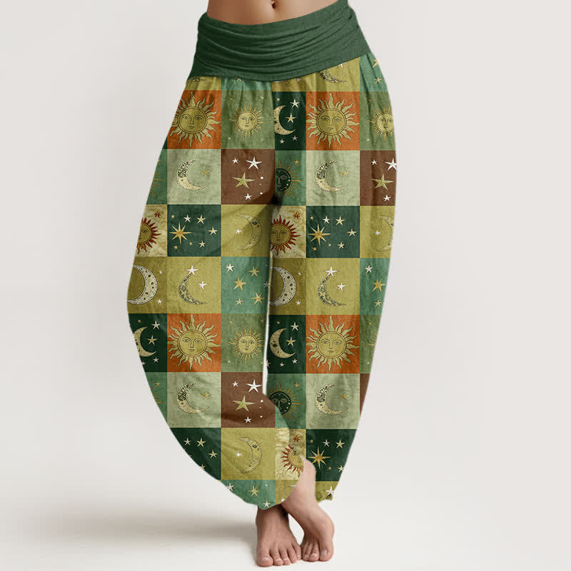 Buddha Stones Cotton Sun Moon Patchwork Pattern Women's Elastic Waist Harem Pants - SeaGreen - US16,UK/AU20,EU48 (3XL) - image 8