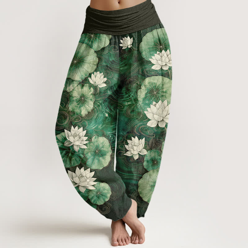 Buddha Stones Cotton Lotus Pond Pattern Women's Elastic Waist Harem Pants - SeaGreen - US16,UK/AU20,EU48 (3XL) - image 0