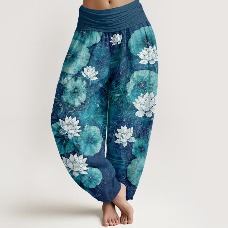 Buddha Stones Cotton Lotus Pond Pattern Women's Elastic Waist Harem Pants - Teal - US16,UK/AU20,EU48 (3XL) - image 5