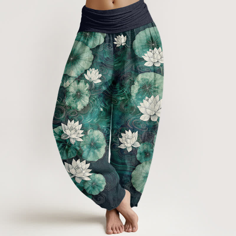 Buddha Stones Cotton Lotus Pond Pattern Women's Elastic Waist Harem Pants - Navy - US16,UK/AU20,EU48 (3XL) - image 8