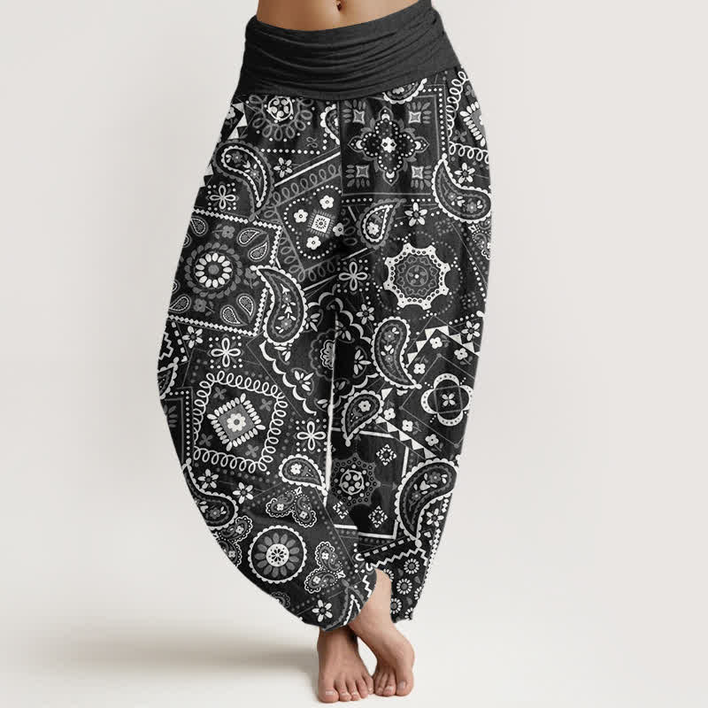 Buddha Stones Cotton Paisley Patchwork Pattern Women's Elastic Waist Harem Pants - Black - US16,UK/AU20,EU48 (3XL) - image 8