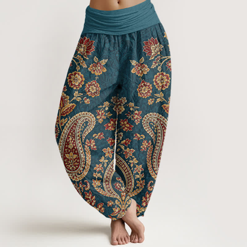 Buddha Stones Cotton Paisley Floral Pattern Women's Elastic Waist Harem Pants - Teal - US16,UK/AU20,EU48 (3XL) - image 0