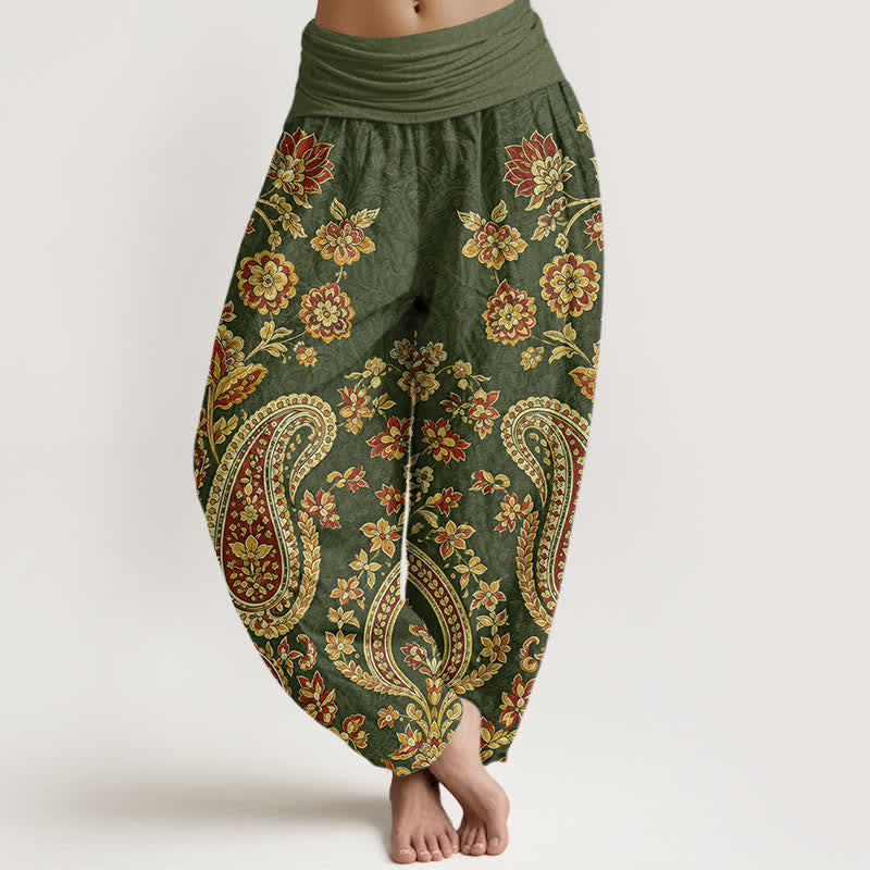 Buddha Stones Cotton Paisley Floral Pattern Women's Elastic Waist Harem Pants - DarkOliveGreen - US16,UK/AU20,EU48 (3XL) - image 5