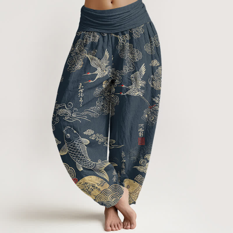 Buddha Stones Cotton Crane Koi Fish Cloud Pattern Women's Elastic Waist Harem Pants - SteelBlue - US16,UK/AU20,EU48 (3XL) - image 5