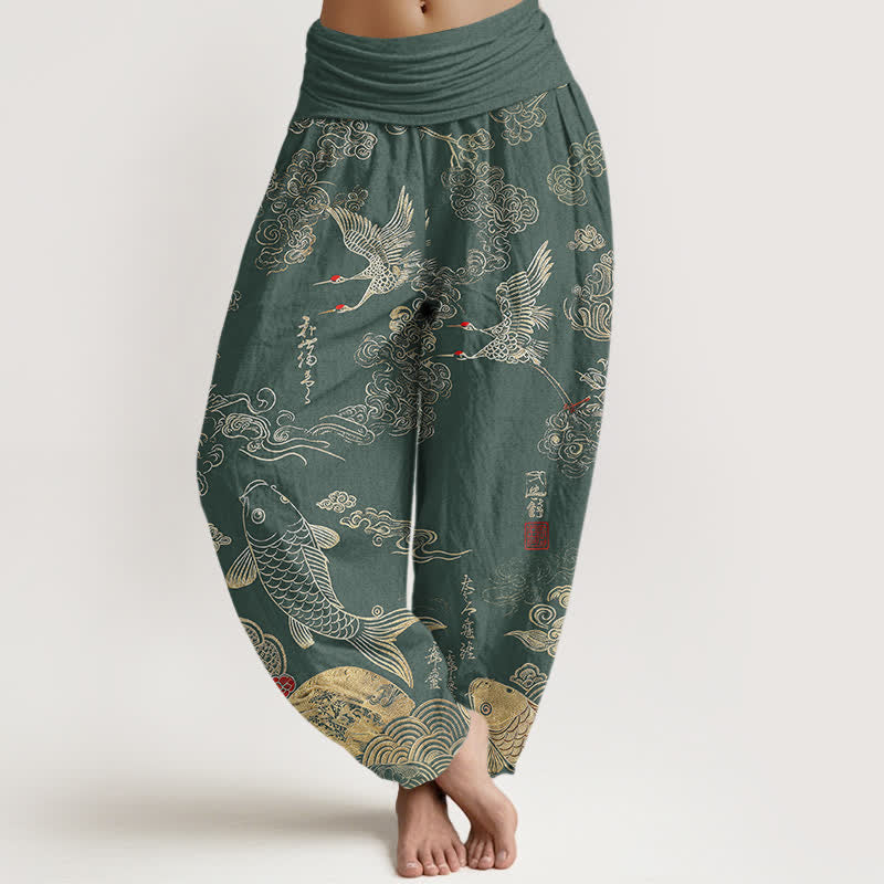 Buddha Stones Cotton Crane Koi Fish Cloud Pattern Women's Elastic Waist Harem Pants - SeaGreen - US16,UK/AU20,EU48 (3XL) - image 8