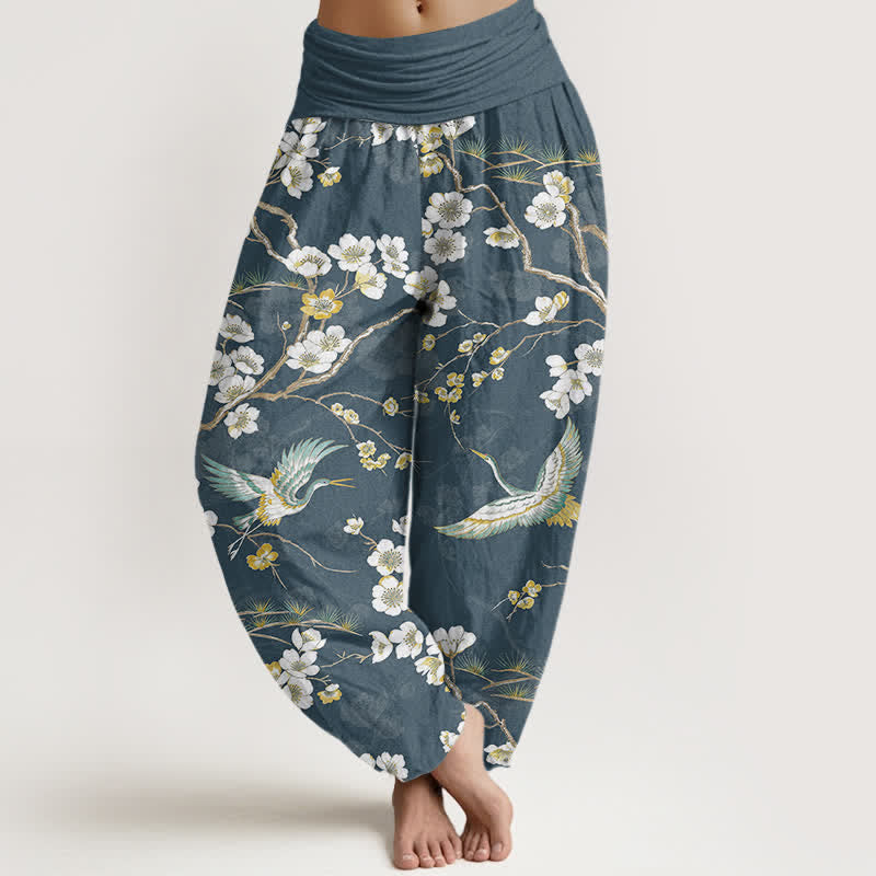 Buddha Stones Cotton White Blossom Crane Pattern Women's Elastic Waist Harem Pants - CadetBlue - US16,UK/AU20,EU48 (3XL) - image 0