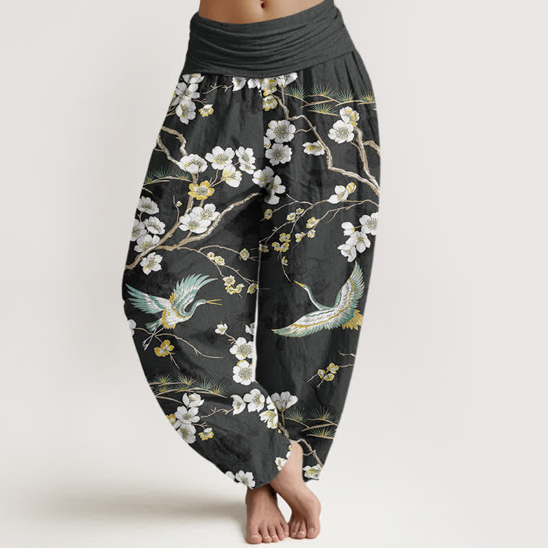 Buddha Stones Cotton White Blossom Crane Pattern Women's Elastic Waist Harem Pants - Black - US16,UK/AU20,EU48 (3XL) - image 8