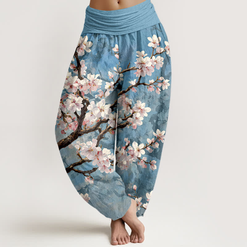 Buddha Stones Cotton Sakura Blossom Branch Pattern Women's Elastic Waist Harem Pants - LightBlue - US16,UK/AU20,EU48 (3XL) - image 0