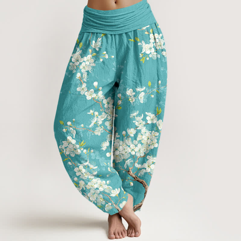 Buddha Stones Cotton Botanical Bloom Branch Pattern Women's Elastic Waist Harem Pants - Turquoise - US16,UK/AU20,EU48 (3XL) - image 0
