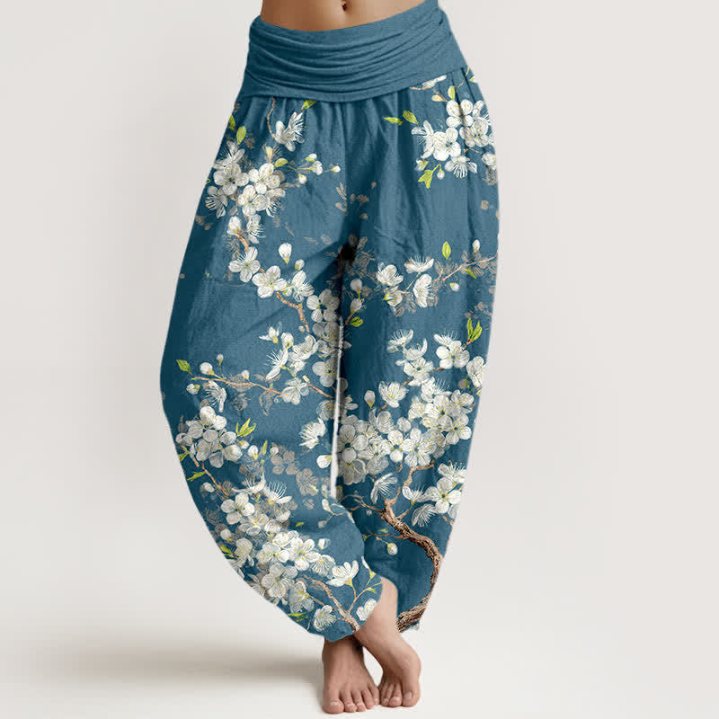 Buddha Stones Cotton Botanical Bloom Branch Pattern Women's Elastic Waist Harem Pants - CadetBlue - US16,UK/AU20,EU48 (3XL) - image 5