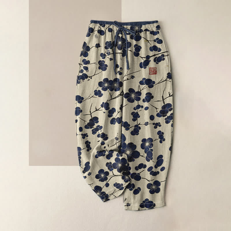 Buddha Stones Pure Cotton Indigo Blossom Pattern Women's Elastic Waist Pants With Pockets - Ivory - US16,UK/AU20,EU48 (3XL) - image 0